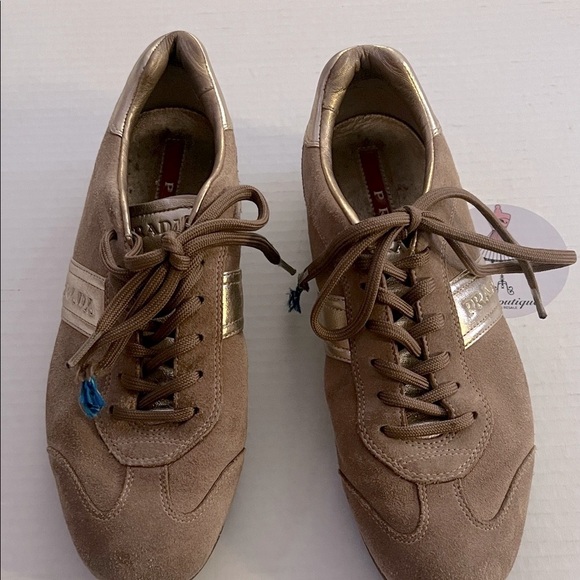 Prada Brown Suede Sneakers with Gold Accents - Picture 10 of 11